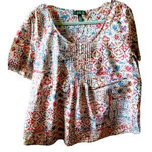 Women's Lauren Ralph Lauren Short Sleeve Pleated Tribal Aztec Print Top Size XL